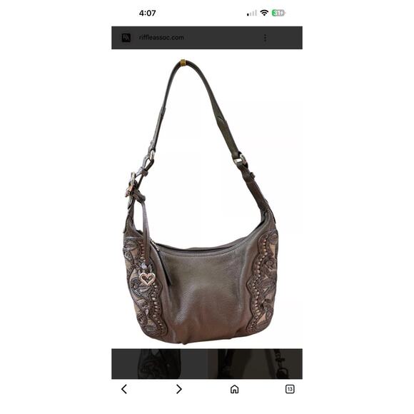 BRIGHTON NIKKI Bronze/Brown Leather w/ Lace-Inspired Applique Hobo Shoulder Bag - Picture 8 of 12